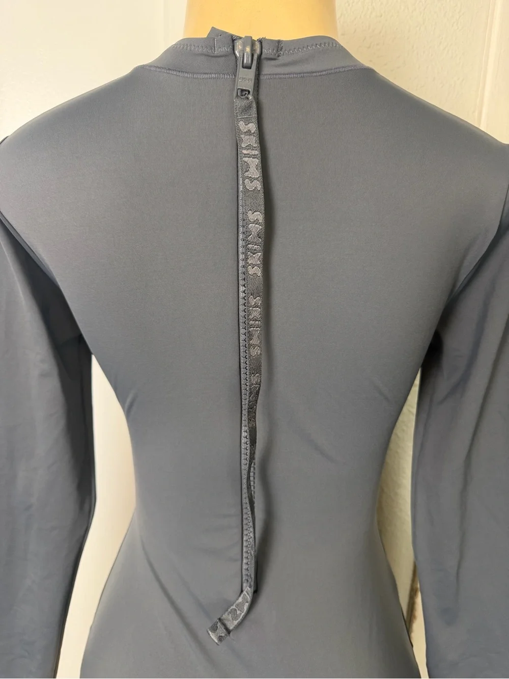 SKIMS Swim Long Sleeve One Piece in Gunmetal Back pull zip rashguard small